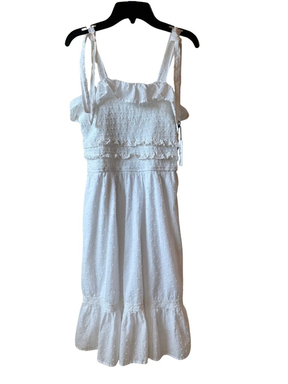 NWT Japna White Swiss Dot Smocked Tie Strap Midi Dress Sundress Boho Small